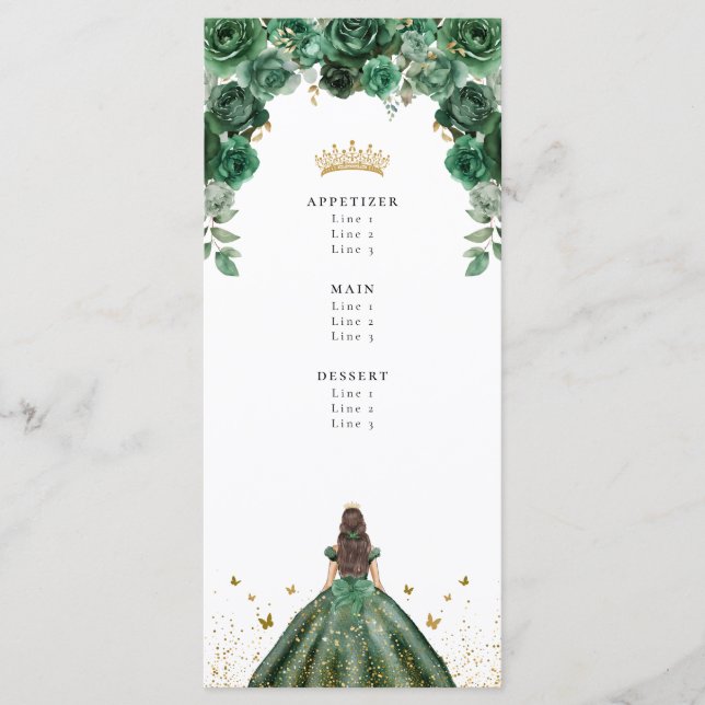 Menu Emerald Quinceañera Floral Faux Foil (Devant)