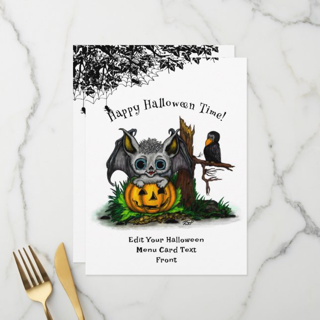 Menu En attente d'Halloween, Bat mignonne et Corbeau (Devant/Arrière en situation)