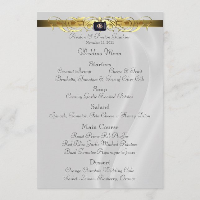 Menu en soie blanc de mariage de rouleau d'or de (Devant)