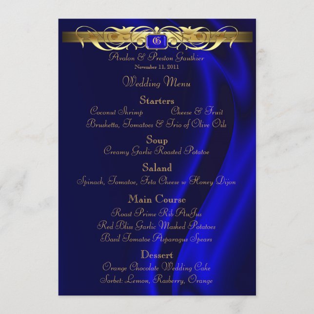 Menu en soie bleu de mariage de rouleau d'or de (Devant)
