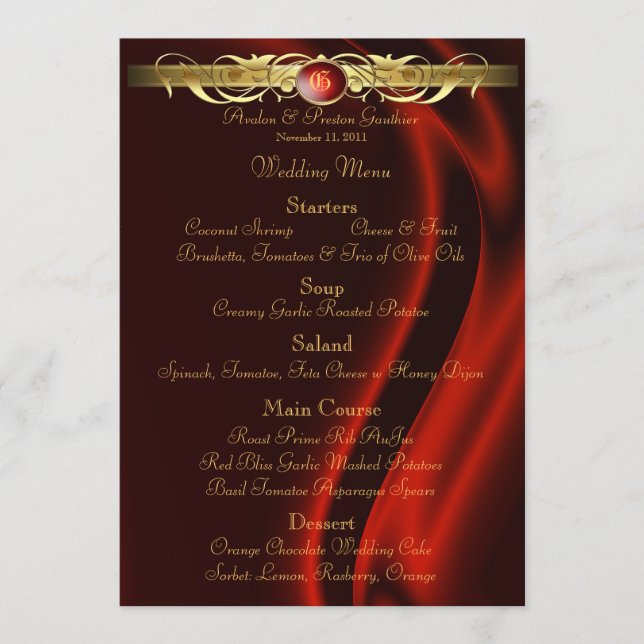 Menu en soie rouge de mariage de rouleau d'or de (Devant)