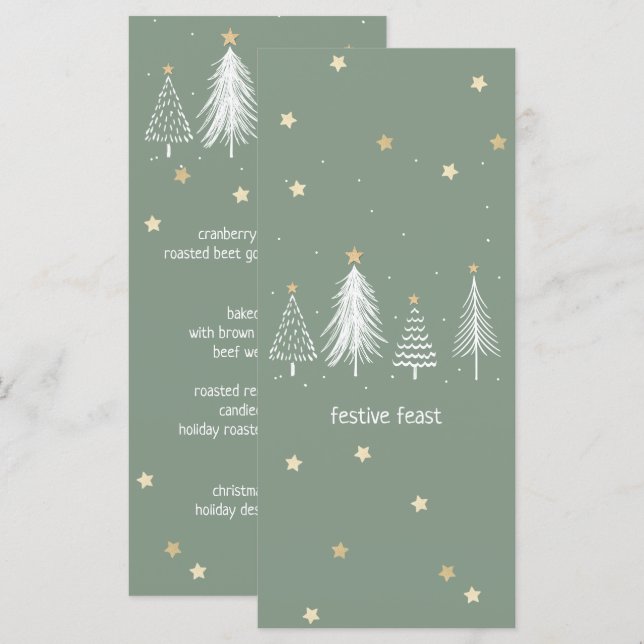 Menu Étoiles de Noël, Or, Blanc, Vert (Devant / Derrière)