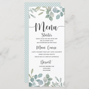 Menu Eucalyptus rustique aquarelle vert & blanc Mariage