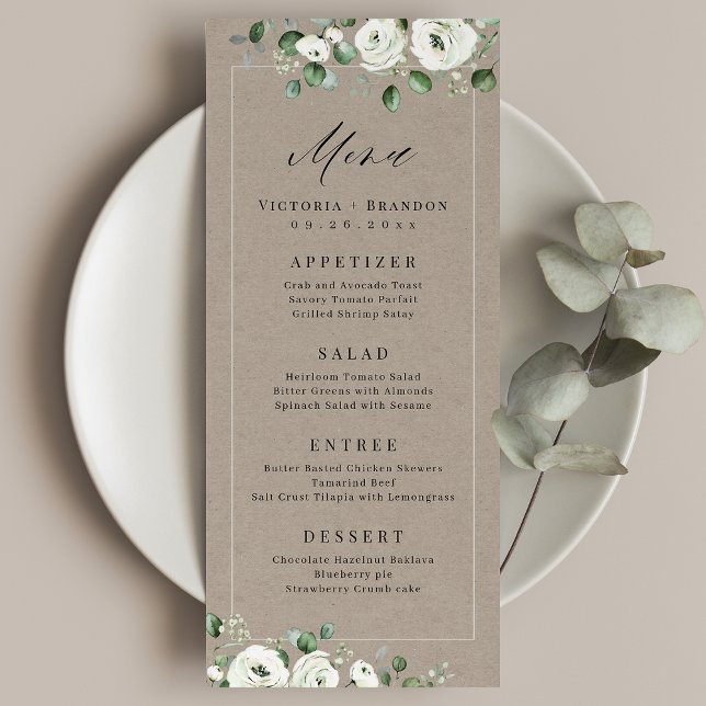 Menu Eucalyptus Verdure blanc floral rustique mariage (Eucalyptus Greenery white floral rustic wedding Menu)