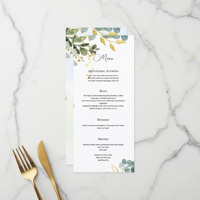 MENU Eukalyptus Verlasse Grünes Gold Elegant Menükarte (Vorderseite/Rückseite Beispiel)