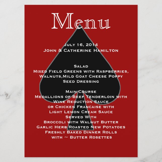 Menu fait sur commande de mariage de pelles rouges (Devant)
