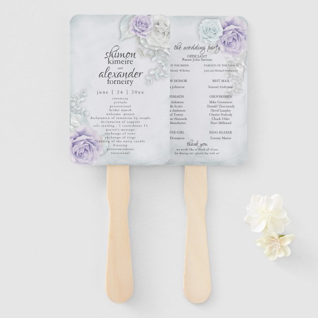 Menü Fan Elegant Lilac Blue White Rose Floral Fächer (Vorne und Hinten)