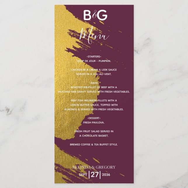 Menu Faux Gold Brushstrokies Bourgogne, Mariage Monogra (Devant)