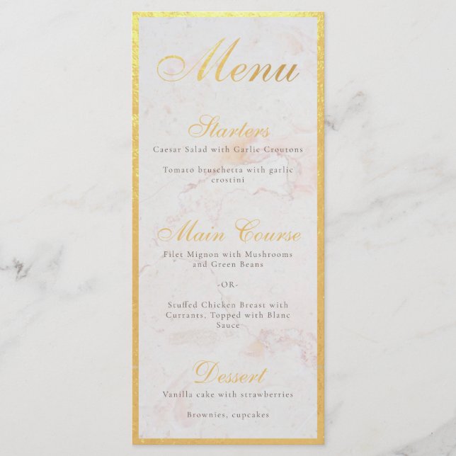 Menu Faux Gold Foil Élégante calligraphie Marbre blanc  (Devant)