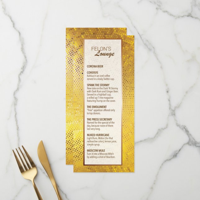 Menu "Felon’s Lounge" (Devant/Arrière en situation)