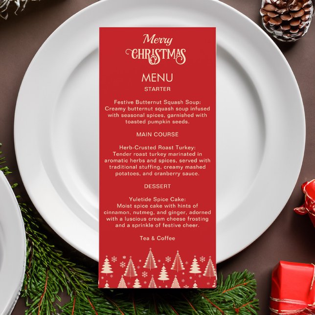 Menu festif des arbres rétro rouges du milieu du s (Christmas midcentury retro red beige trees festive Christmas menu car template simple minimalist )