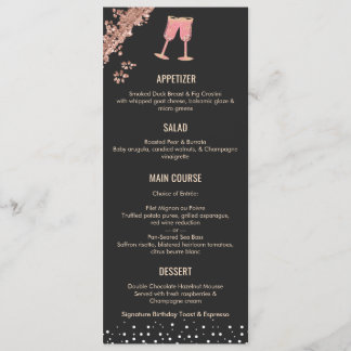 Menu Fête d'anniversaire moderne noir et or rose 40 ans