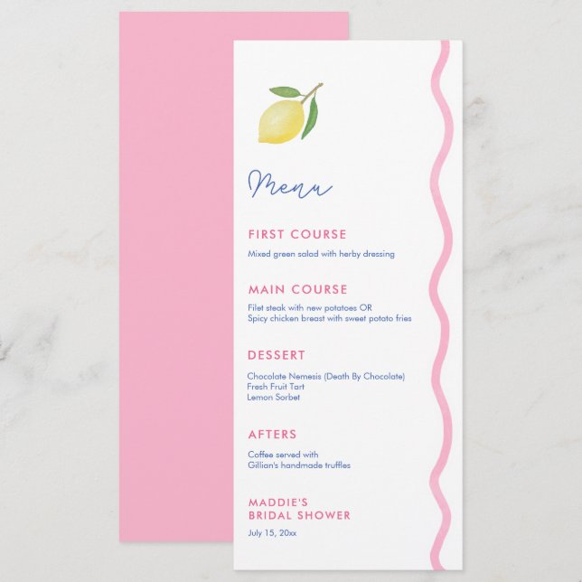Menu Fête de Baby shower Lemon Line rose vibrant (Devant / Derrière)