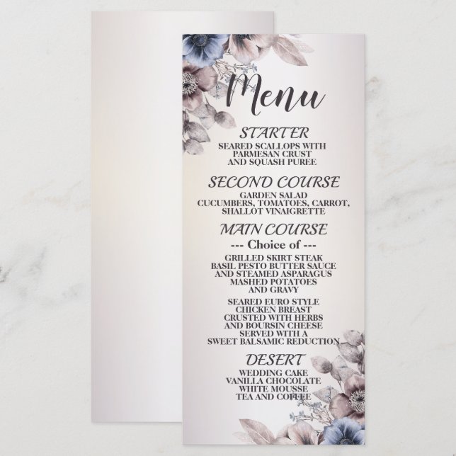 Menu Fête de mariage Aquarelle Pastel Blue Beige Fleurs (Devant / Derrière)