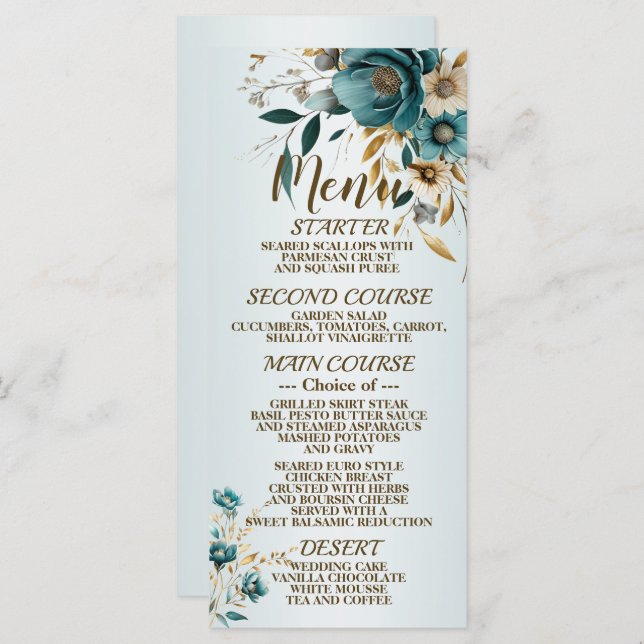 Menu Fête de mariage Turquoise Fleur blanche Feuilles d (Devant / Derrière)