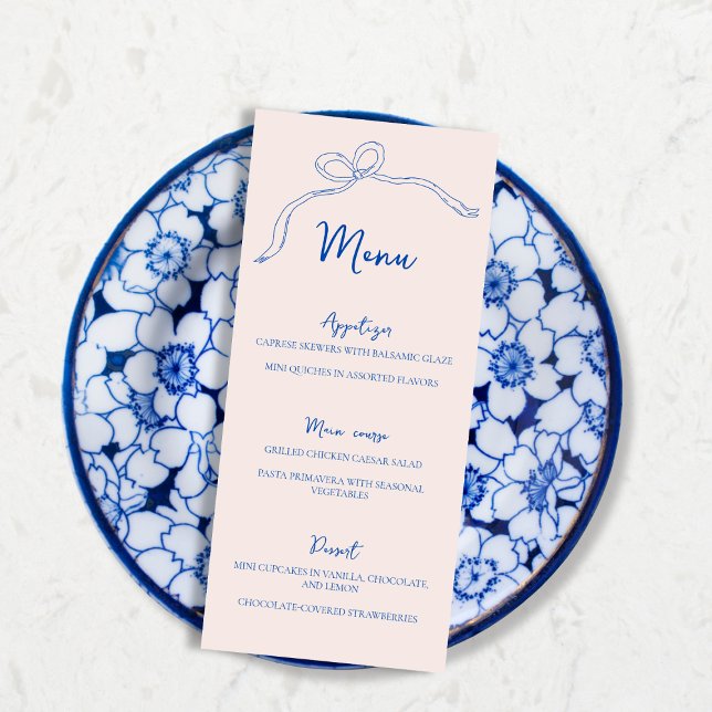 Menu Fête des mariées Bleue Bow (Menu Blue Bow Hand Drawn Bridal Shower)