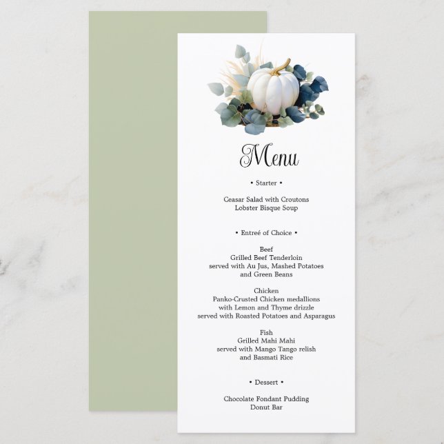 Menu Fête des mariées citrouille blanche et verte d'euc (Devant / Derrière)