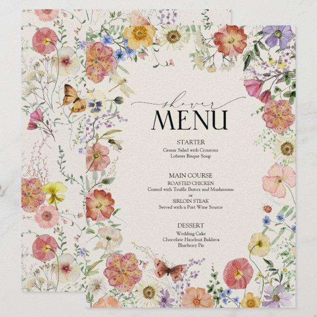 Menu Fête des mariées de cadre floral Fleur sauvage en  (Devant / Derrière)