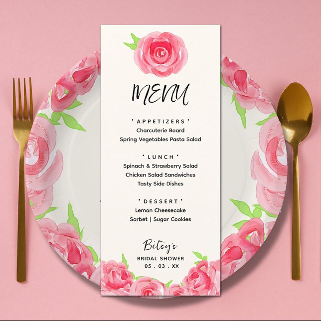 Menu Fête des mariées de derby aux fleurs d'aquarelle c (Chic watercolor roses floral Derby-themed bridal shower menus (plates sold separately))