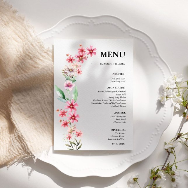 Menu Fête des mariées de mariage Fleur sauvage rose (Créateur téléchargé)
