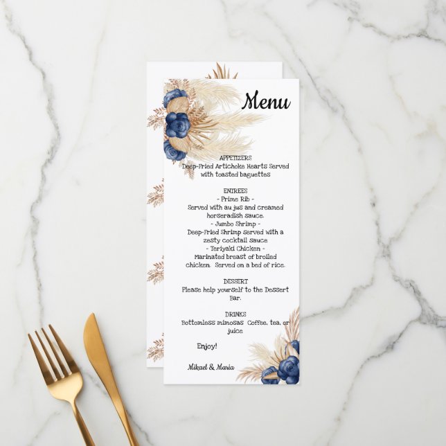 Menu  Fête des mariées florale Dusty Blue et Pampas Men (Devant/Arrière en situation)
