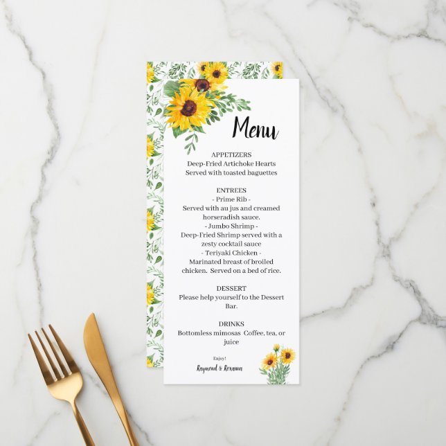 Menu Fête des mariées Mariage Sunflowers Greenery (Devant/Arrière en situation)