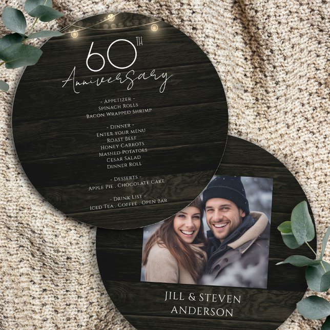 Menu Fête du 60e Anniversaire Lumières en Bois Rustique (Créateur téléchargé)