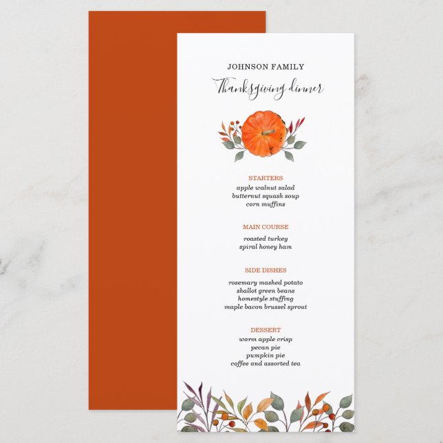 Menu Feuillage citrouille et automne Thanksgiving dîner (Devant / Derrière)