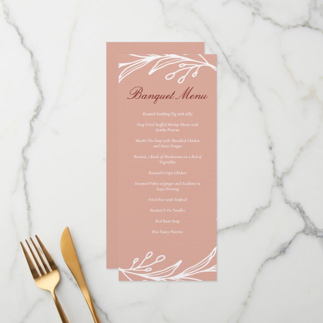 Menu Feuille rose couronnes banquet mariage chinois mod (Devant/Arrière en situation)
