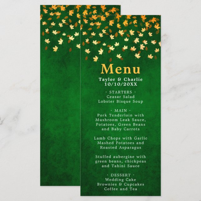Menu Feuilles d'automne Mariage vert et or (Devant / Derrière)