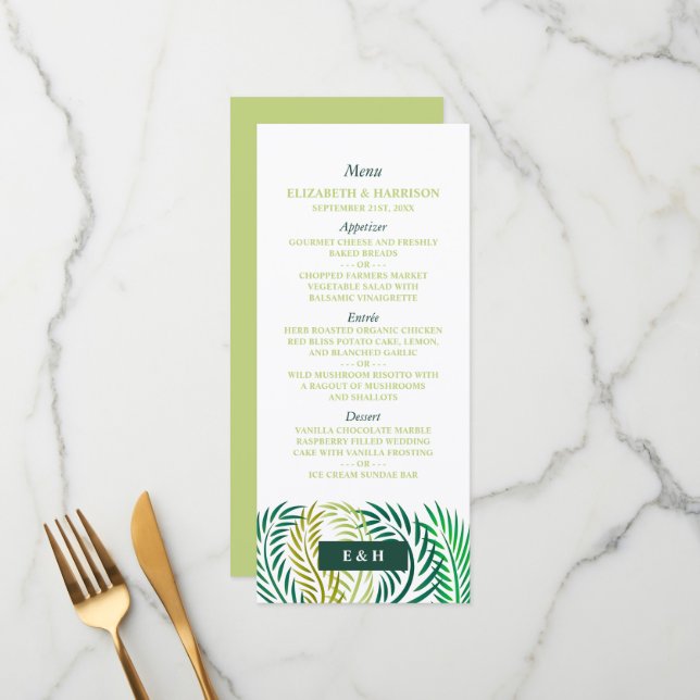 Menu Feuilles de palmiers tropicaux, Mariage de plage (Devant/Arrière en situation)