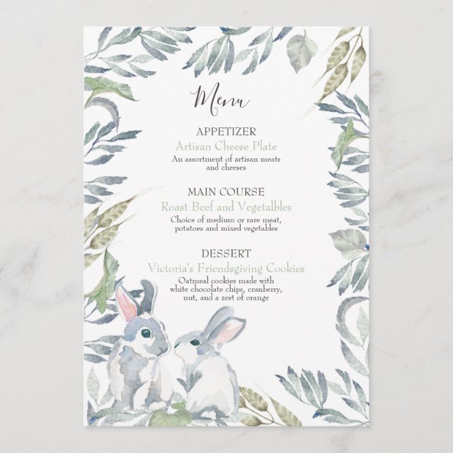 Menu Feuilles Peintes et Lapins de la Forêt en Aquarell (Devant)