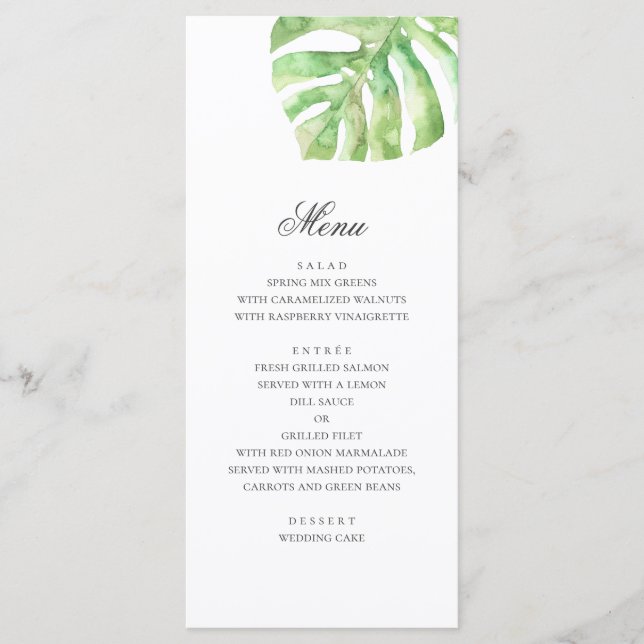 Menu Feuilles verts exotiques. Mariage tropical d'été (Devant)