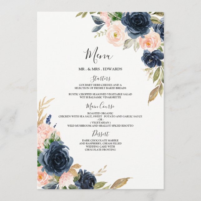 Menu Fiançailles Mariage Floral Blush Quinceanera (Devant)