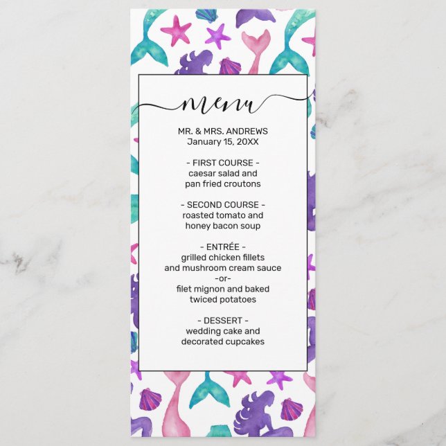 Menu Fille Aquarelle Mermaids Contes Coquillages Motif (Devant)