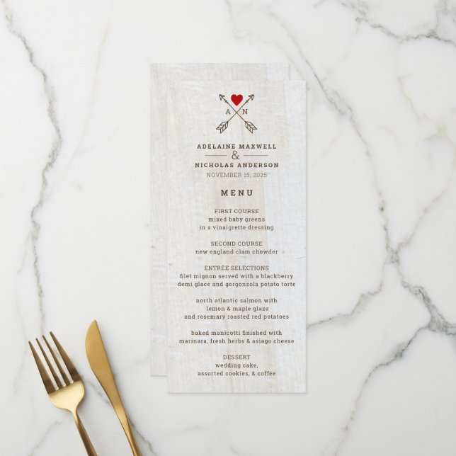 Menu Flèches rustiques Mariage de coeur rouge (Devant/Arrière en situation)