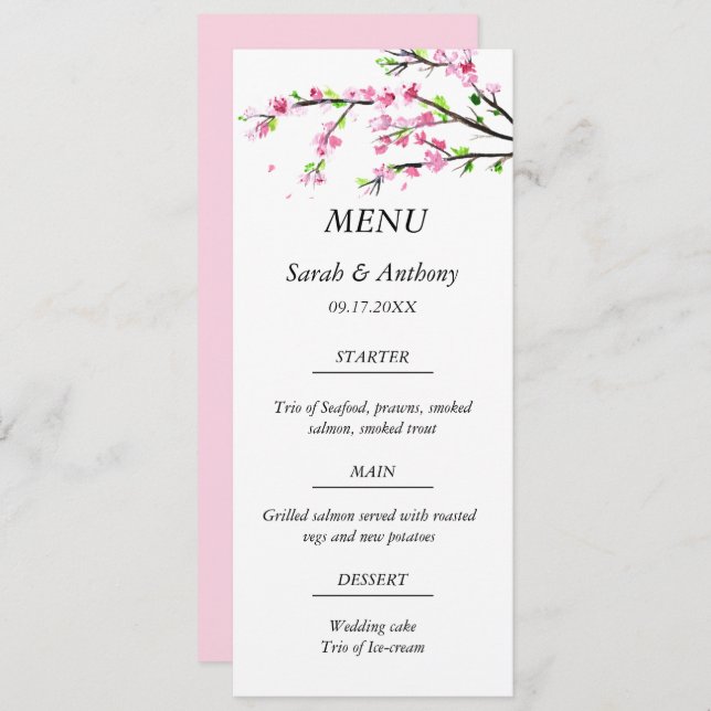 Menu Fleur de cerisier rose Botanique Floral Mariage (Devant / Derrière)