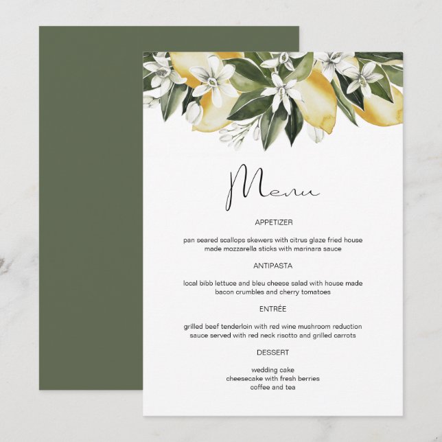 Menu Fleur de DAHLIA Citron Aquarelle Fruit (Devant / Derrière)