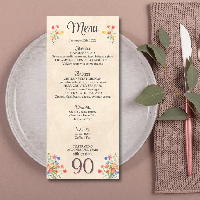 Menu Fleur élégante 90 ans Fête Florale 90e anniversair (Créateur téléchargé)