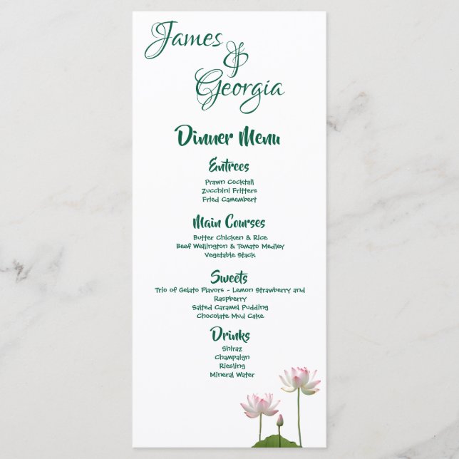 Menu Fleur Lotus rose Mariage personnalisé (Devant)