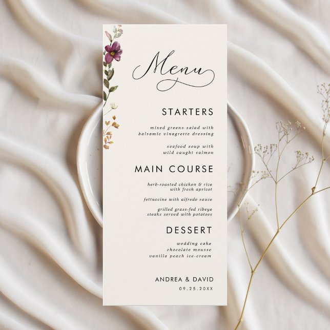 Menu Fleur sauvage Boho Monogramme Mariage trois cours (Créateur téléchargé)