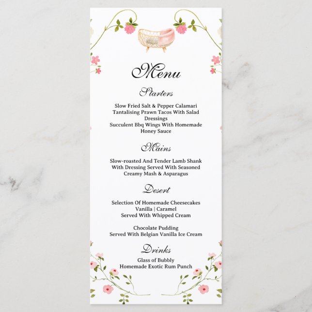 Menu Fleur sauvage Chic Floral Lush Boho baby shower bl (Devant)
