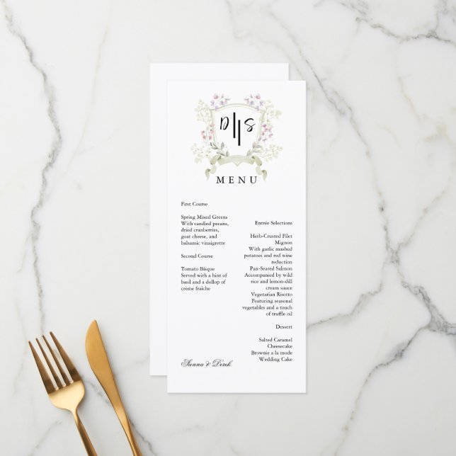 Menu Fleur sauvage Dusky Monogram Crest Mariage (Devant/Arrière en situation)
