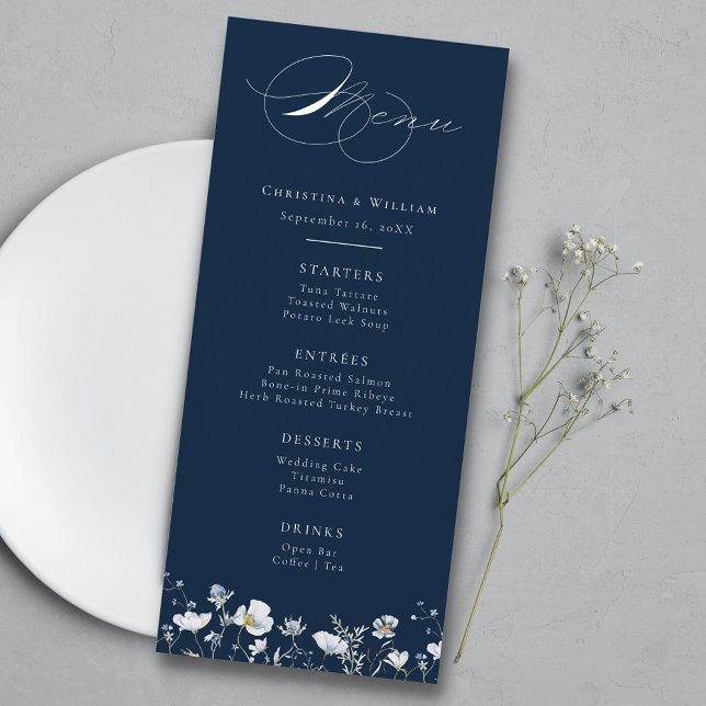 Menu Fleur sauvage Mariage d'hiver Elégant bleu de la M (Créateur téléchargé)