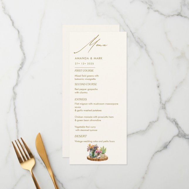 Menu Fleur sauvage Mason Jar Boho Mariage bohème (Devant/Arrière en situation)