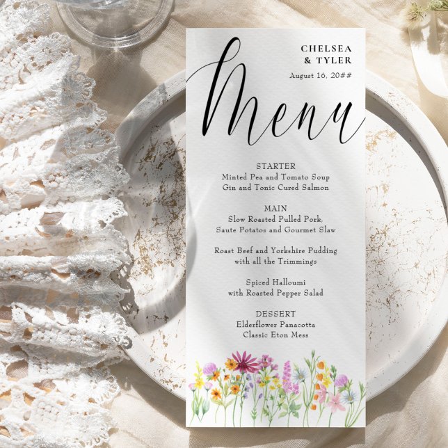 Menu Fleur sauvage Meadow Élégant Mariage de script (Floral wedding menu with elegant calligraphy)