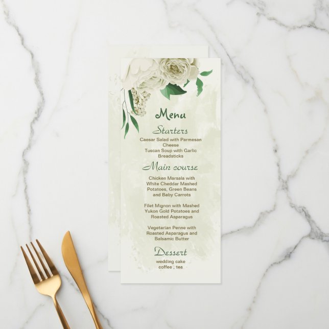 Menu Fleurs blanches d'ivoire mariage (Devant/Arrière en situation)