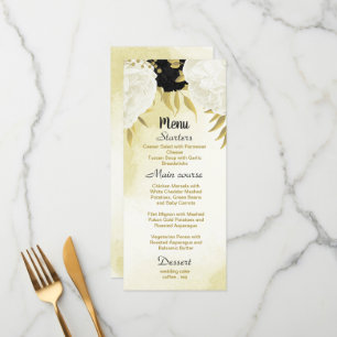 Menu fleurs blanches noires or feuille mariage