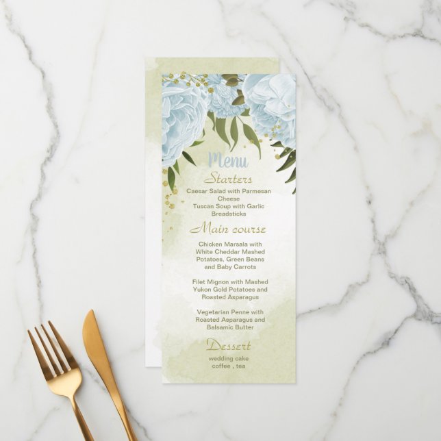 Menu fleurs bleues mariage (Devant/Arrière en situation)