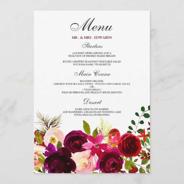 Menu Fleurs Bourgogne Floral Mariage élégant (Devant)
